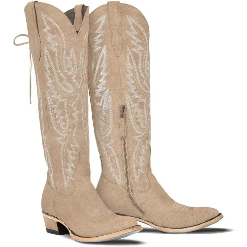Women Tan Polyurethane Over the Knee Adjustable Thigh High Cowgirl Western Boot